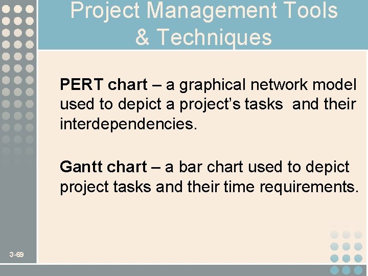 Project Management Tools & Techniques PERT chart – a graphical network model used to