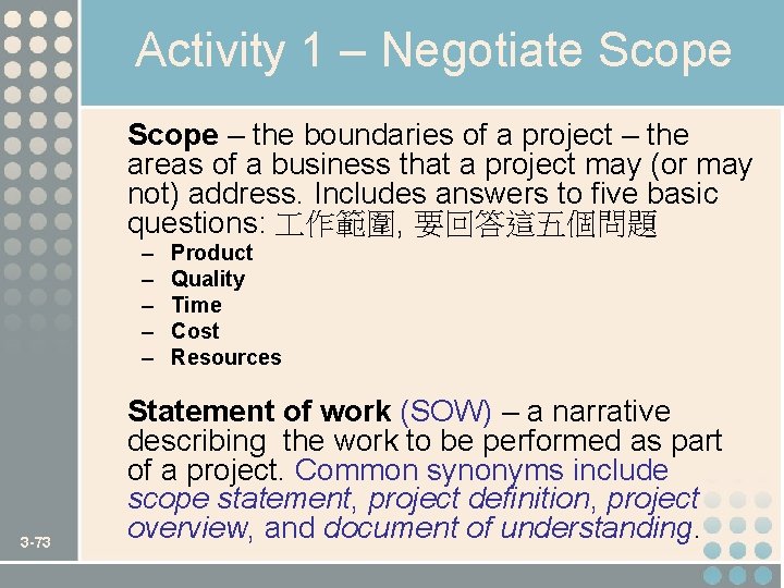 Activity 1 – Negotiate Scope – the boundaries of a project – the areas