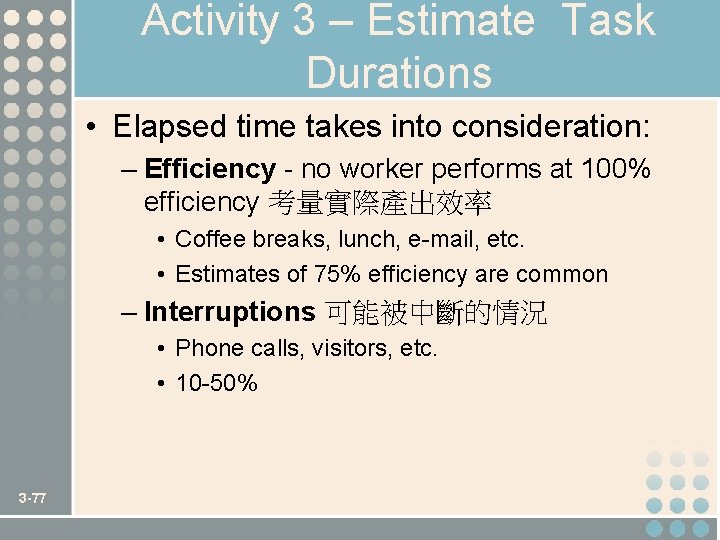 Activity 3 – Estimate Task Durations • Elapsed time takes into consideration: – Efficiency