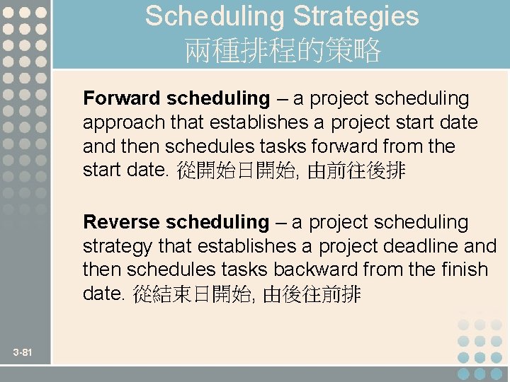 Scheduling Strategies 兩種排程的策略 Forward scheduling – a project scheduling approach that establishes a project