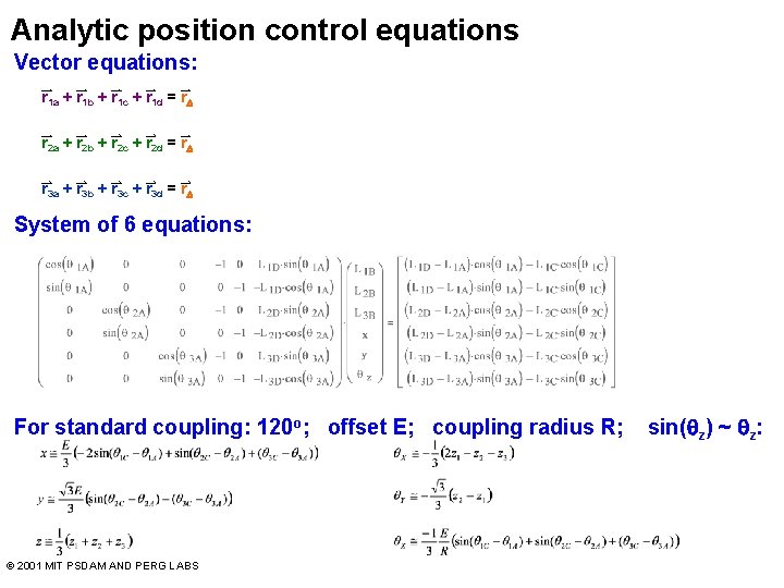 Analytic position control equations Vector equations: r 1 a + r 1 b +