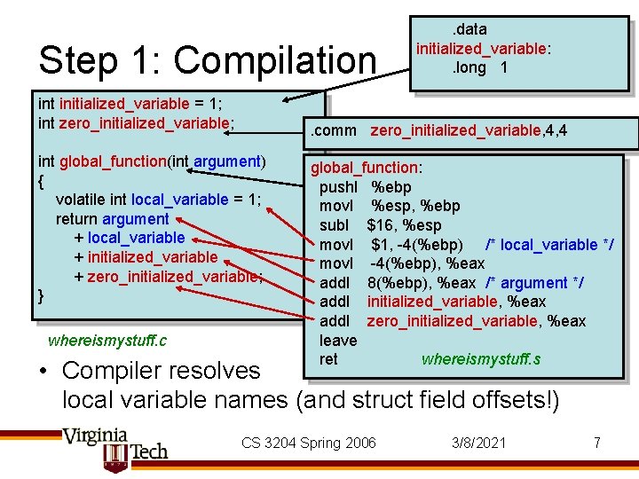 Step 1: Compilation int initialized_variable = 1; int zero_initialized_variable; . comm zero_initialized_variable, 4, 4