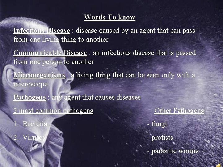 Words To know Infectious Disease : disease caused by an agent that can pass