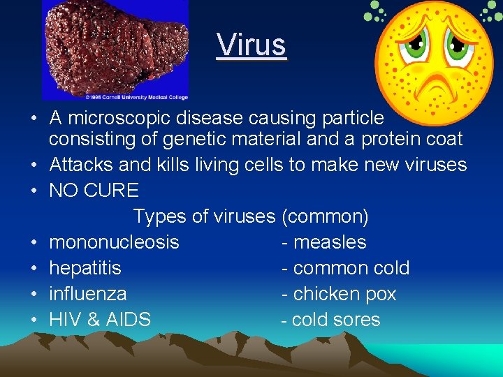 Virus • A microscopic disease causing particle consisting of genetic material and a protein