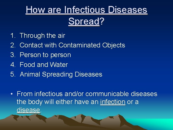 How are Infectious Diseases Spread? 1. 2. 3. 4. 5. Through the air Contact