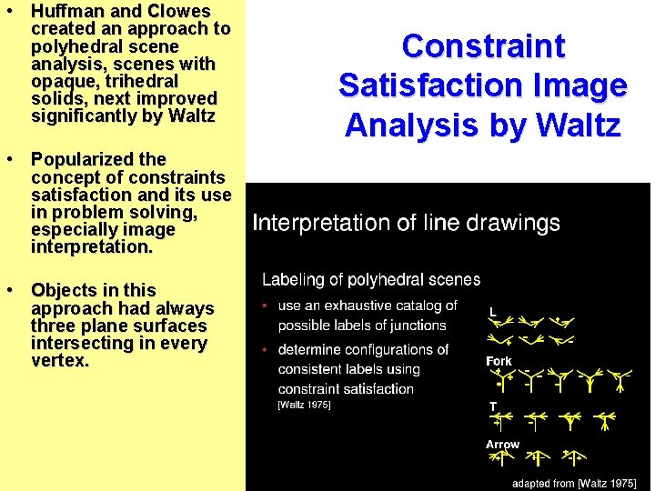  • Huffman and Clowes created an approach to polyhedral scene analysis, scenes with