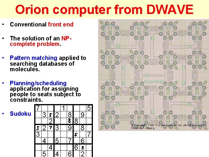 Orion computer from DWAVE • Conventional front end • The solution of an NPcomplete