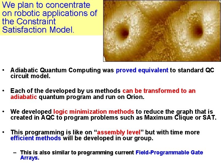 We plan to concentrate on robotic applications of the Constraint Satisfaction Model. • Adiabatic