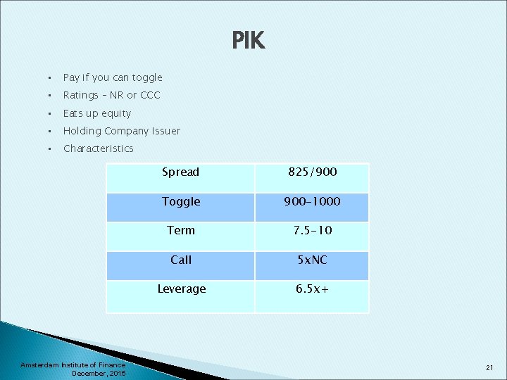 PIK • Pay if you can toggle • Ratings – NR or CCC •