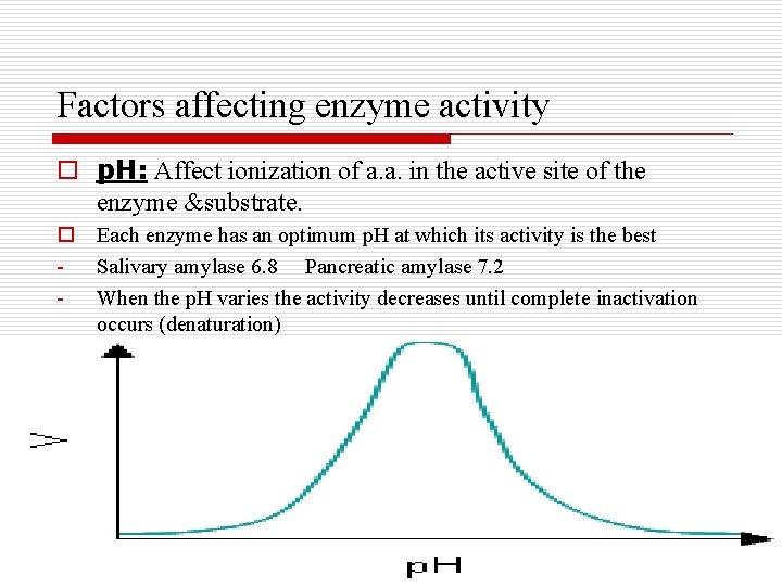 Factors affecting enzyme activity o p. H: Affect ionization of a. a. in the