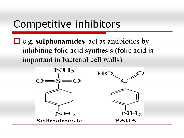 Competitive inhibitors o e. g. sulphonamides act as antibiotics by inhibiting folic acid synthesis