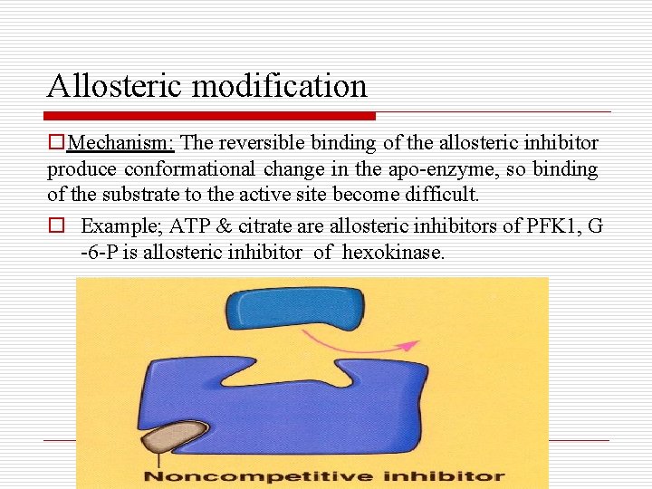 Allosteric modification o. Mechanism: The reversible binding of the allosteric inhibitor produce conformational change