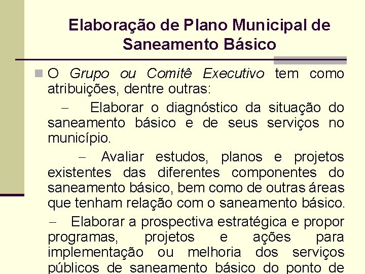 Elaboração de Plano Municipal de Saneamento Básico n O Grupo ou Comitê Executivo tem
