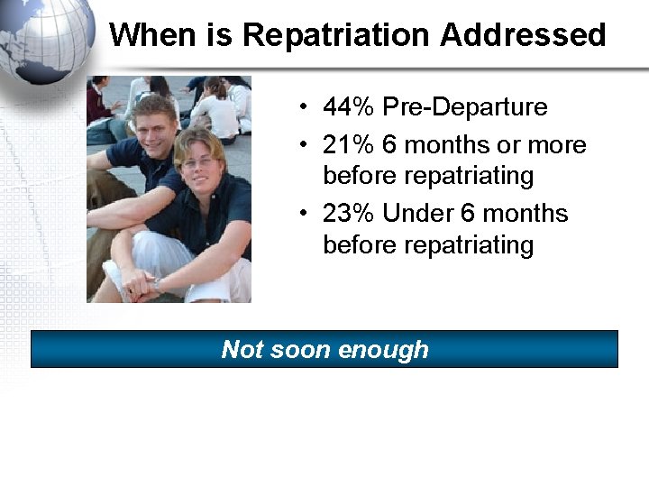 When is Repatriation Addressed • 44% Pre-Departure • 21% 6 months or more before
