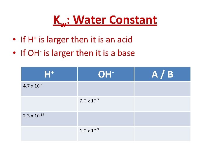 Kw: Water Constant • If H+ is larger then it is an acid •
