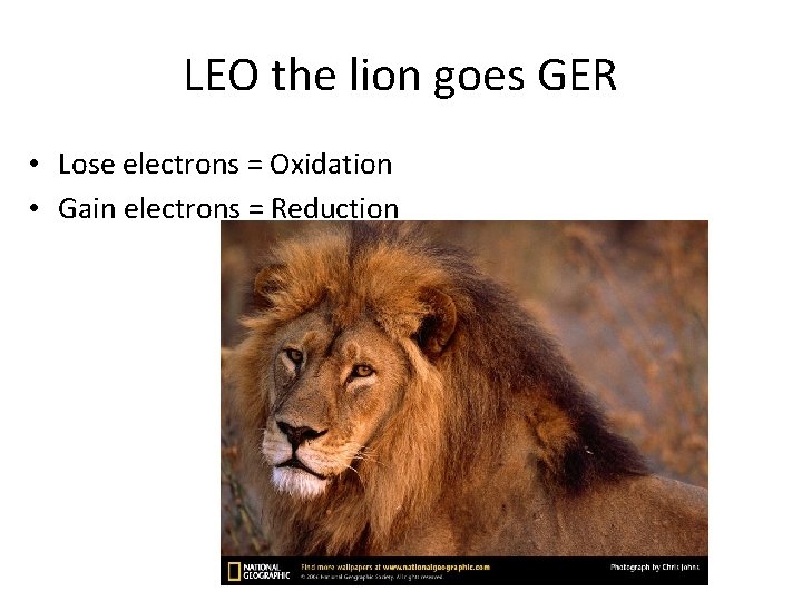 LEO the lion goes GER • Lose electrons = Oxidation • Gain electrons =