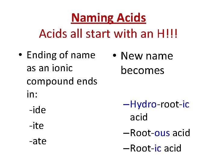 Naming Acids all start with an H!!! • Ending of name as an ionic