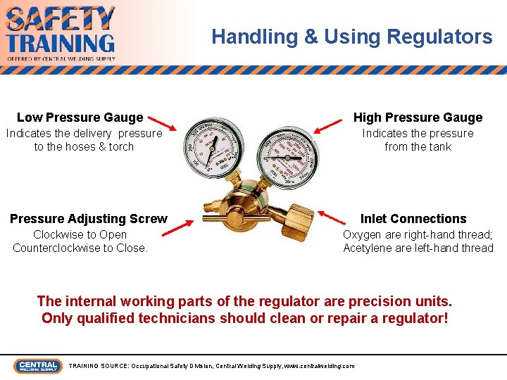 Handling & Using Regulators Low Pressure Gauge High Pressure Gauge Indicates the delivery pressure