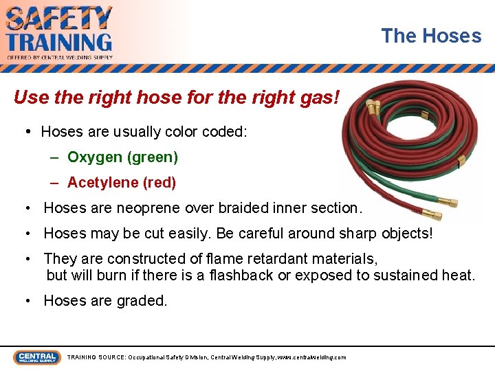 The Hoses Use the right hose for the right gas! • Hoses are usually