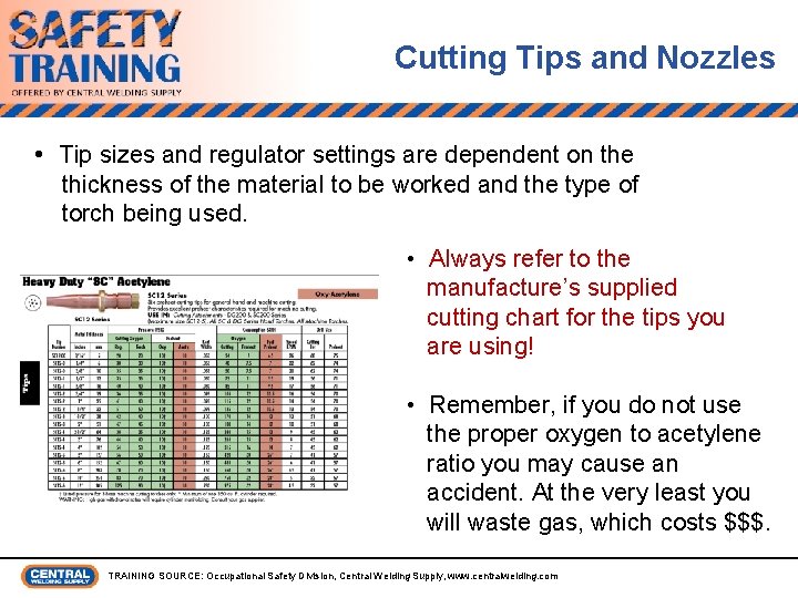 Cutting Tips and Nozzles • Tip sizes and regulator settings are dependent on the