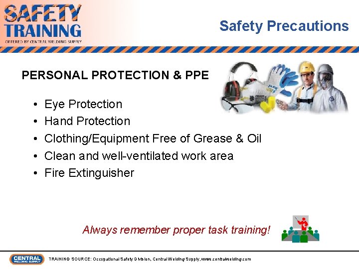 Safety Precautions PERSONAL PROTECTION & PPE • Eye Protection • Hand Protection • Clothing/Equipment