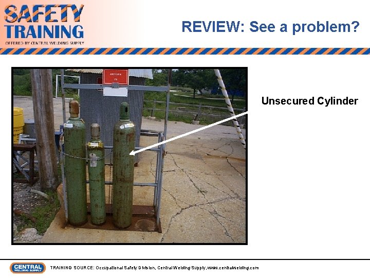 REVIEW: See a problem? Unsecured Cylinder TRAINING SOURCE: Occupational Safety Division, Central Welding Supply,