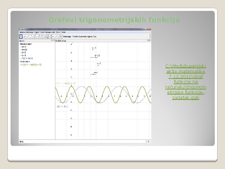 Grafovi trigonometrijskih funkcija C: Međužupanijski aktiv matematike 7. 12. 2011Graf funkcije na računalutrigonom etrijske