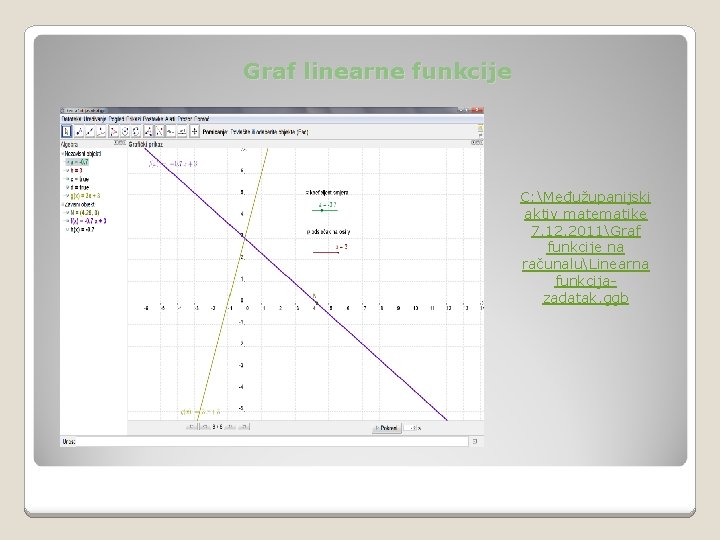 Graf linearne funkcije C: Međužupanijski aktiv matematike 7. 12. 2011Graf funkcije na računaluLinearna funkcijazadatak.