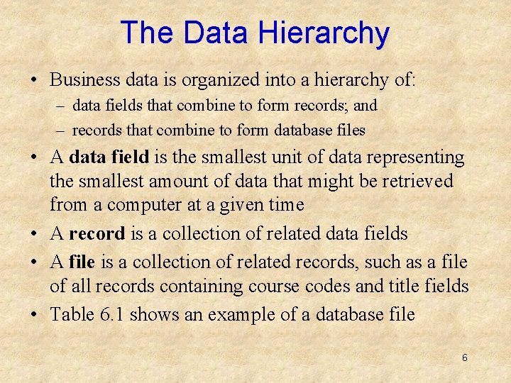 The Data Hierarchy • Business data is organized into a hierarchy of: – data