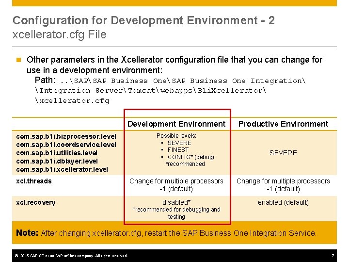 Configuration for Development Environment - 2 xcellerator. cfg File n Other parameters in the