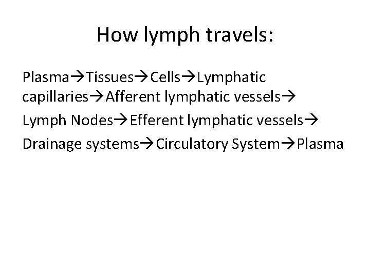 How lymph travels: Plasma Tissues Cells Lymphatic capillaries Afferent lymphatic vessels Lymph Nodes Efferent