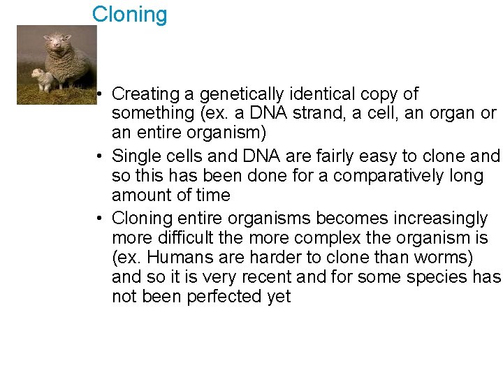 Cloning • Creating a genetically identical copy of something (ex. a DNA strand, a