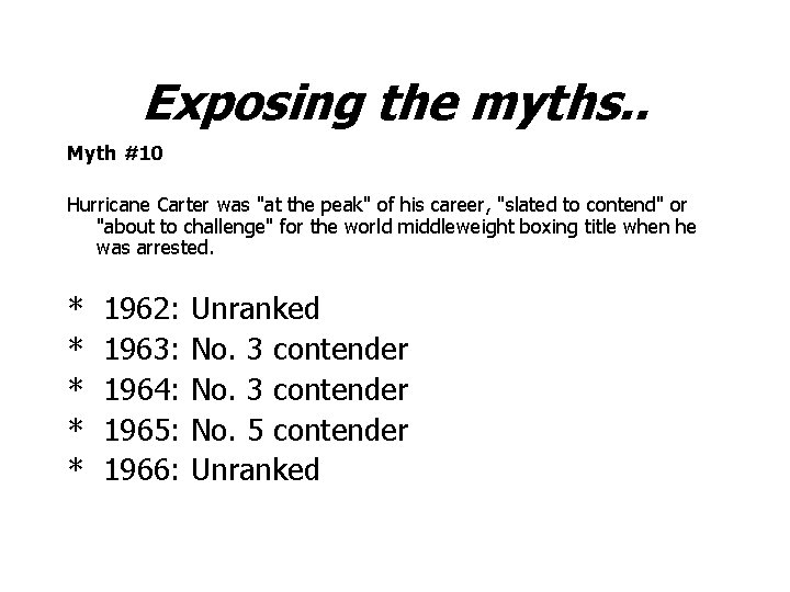 Exposing the myths. . Myth #10 Hurricane Carter was "at the peak" of his