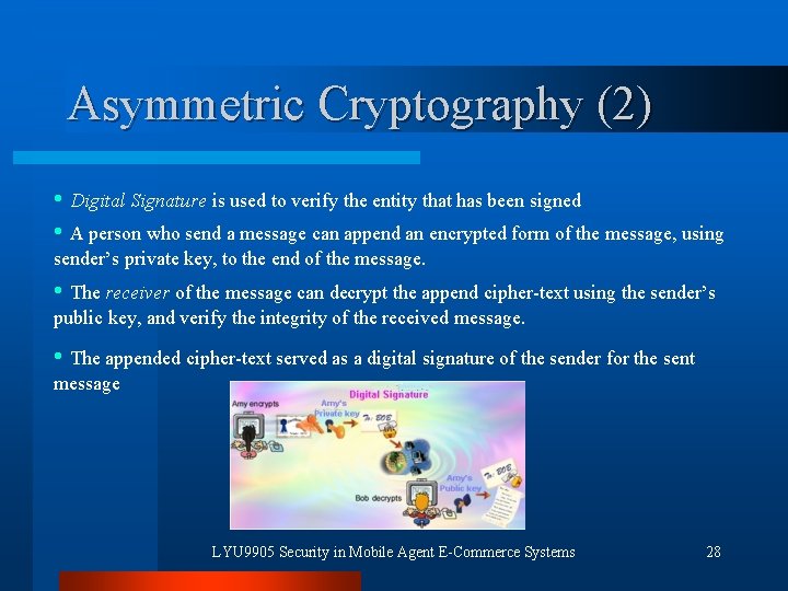 Asymmetric Cryptography (2) • Digital Signature is used to verify the entity that has