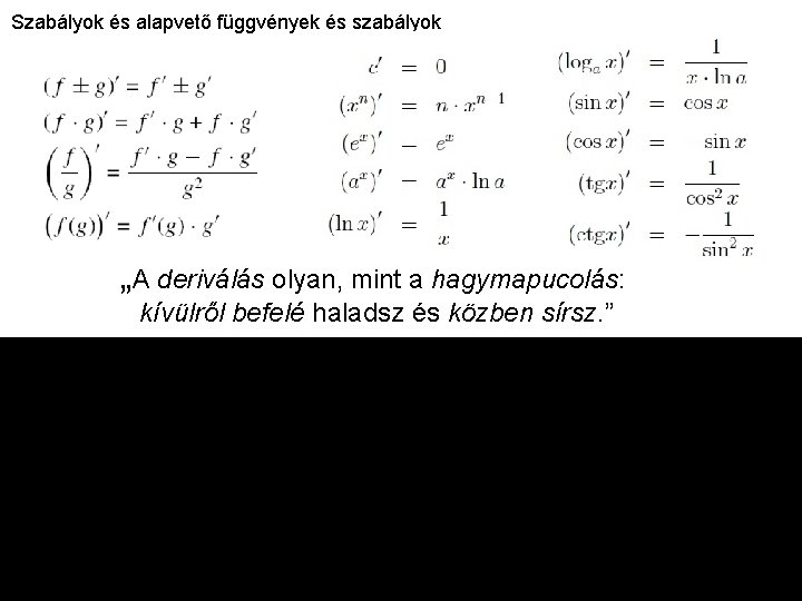 Szabályok és alapvető függvények és szabályok „A deriválás olyan, mint a hagymapucolás: kívülről befelé