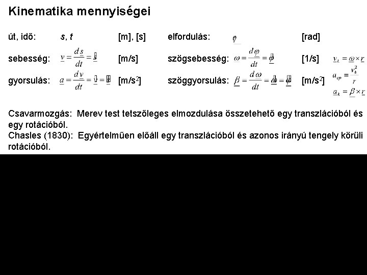 Kinematika mennyiségei út, idő: s, t [m], [s] elfordulás: [rad] sebesség: [m/s] szögsebesség: [1/s]