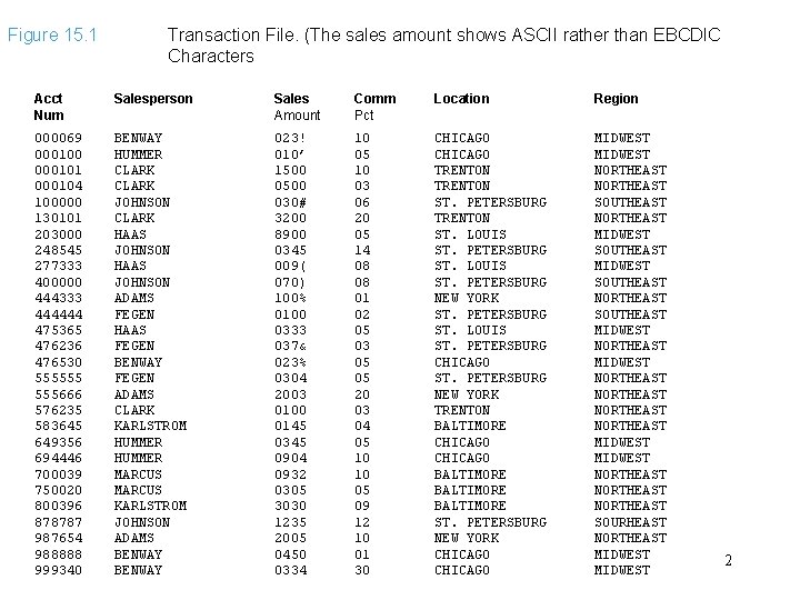 Figure 15. 1 Transaction File. (The sales amount shows ASCII rather than EBCDIC Characters