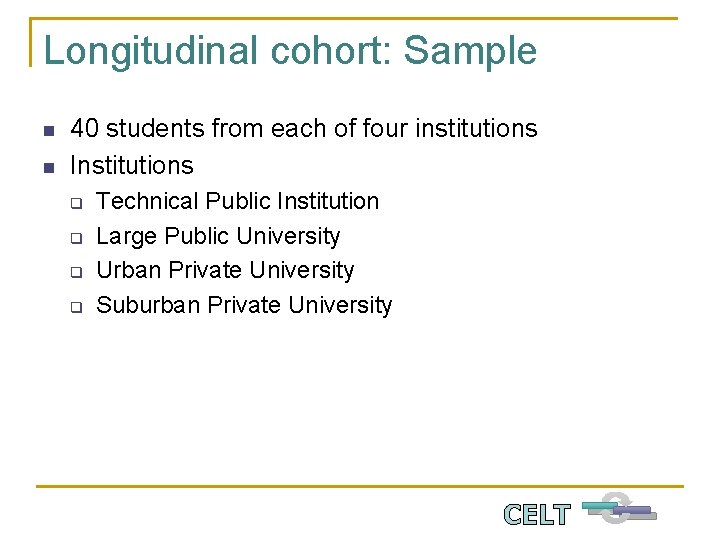 Longitudinal cohort: Sample n n 40 students from each of four institutions Institutions q