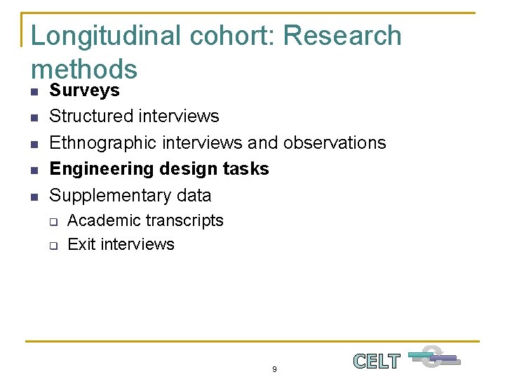 Longitudinal cohort: Research methods n n n Surveys Structured interviews Ethnographic interviews and observations