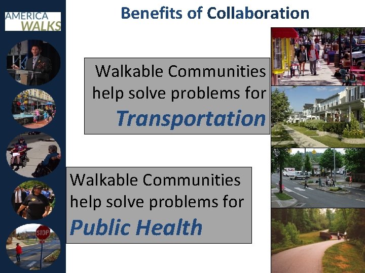 Benefits of Collaboration Walkable Communities help solve problems for Transportation Walkable Communities help solve