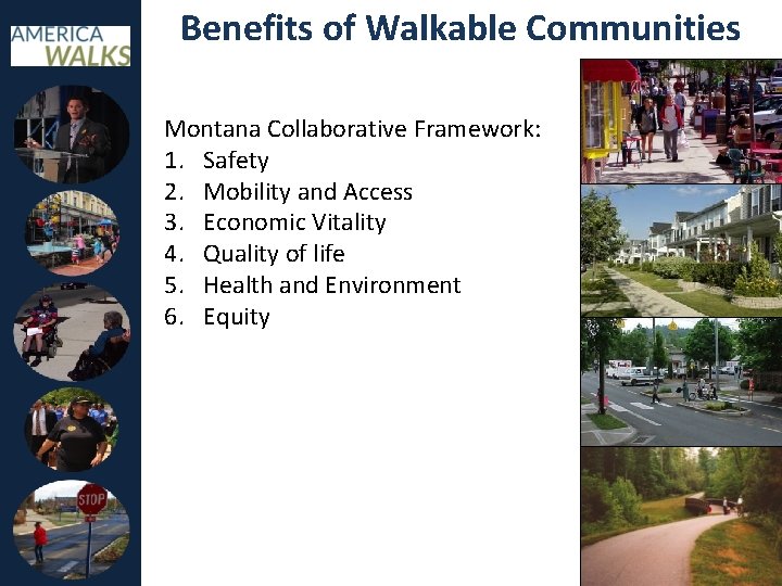 Benefits of Walkable Communities Montana Collaborative Framework: 1. Safety 2. Mobility and Access 3.