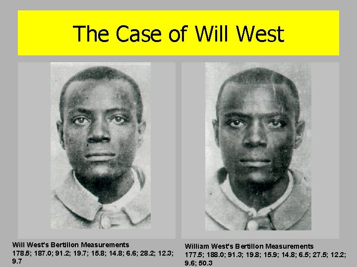 The Case of Will West's Bertillon Measurements 178. 5; 187. 0; 91. 2; 19.