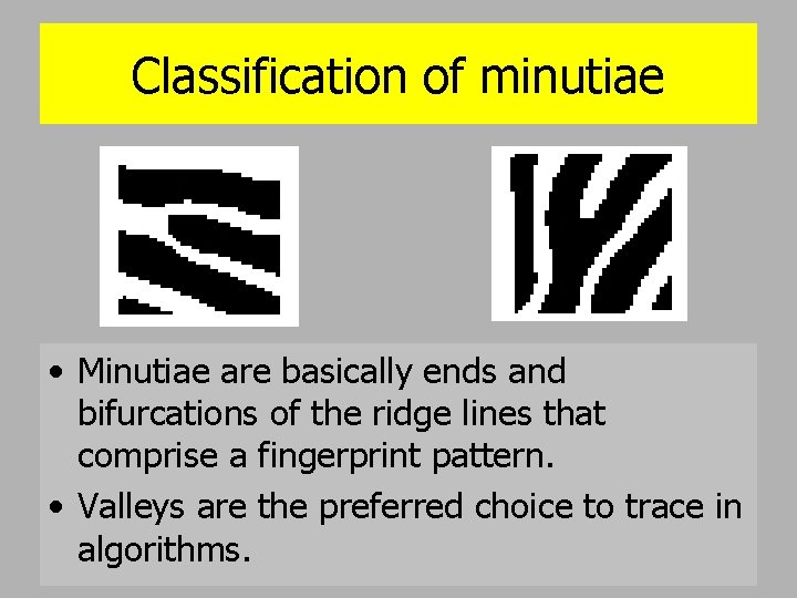 Classification of minutiae • Minutiae are basically ends and bifurcations of the ridge lines