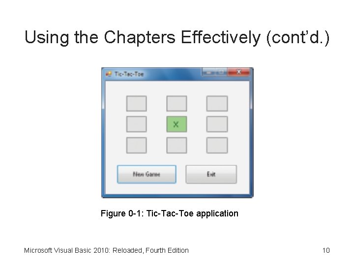 Using the Chapters Effectively (cont’d. ) Figure 0 -1: Tic-Tac-Toe application Microsoft Visual Basic