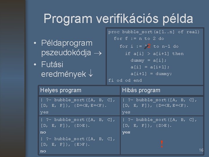 Program verifikációs példa • Példaprogram pszeudokódja • Futási eredmények proc bubble_sort(a[1. . n] of