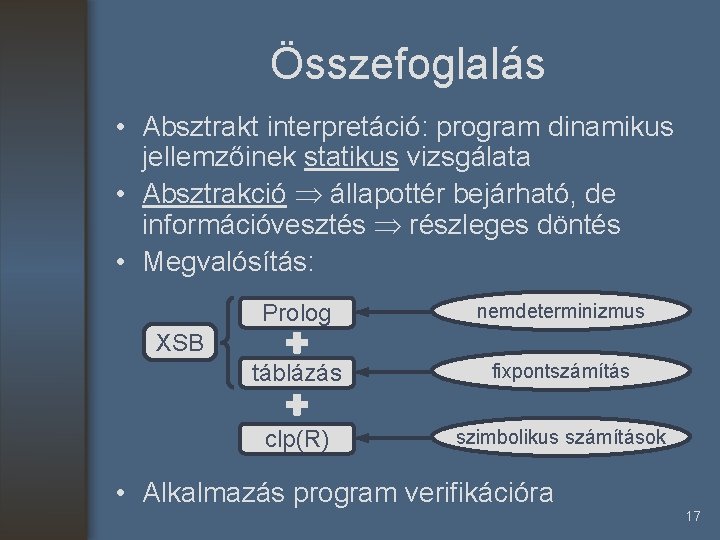 Összefoglalás • Absztrakt interpretáció: program dinamikus jellemzőinek statikus vizsgálata • Absztrakció állapottér bejárható, de