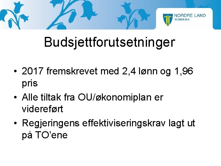 Budsjettforutsetninger • 2017 fremskrevet med 2, 4 lønn og 1, 96 pris • Alle