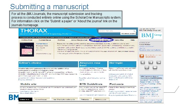 Submitting a manuscript For all the BMJ Journals, the manuscript submission and tracking process