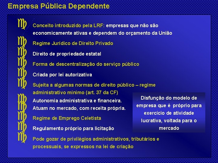 Empresa Pública Dependente c c c Conceito introduzido pela LRF: empresas que não são