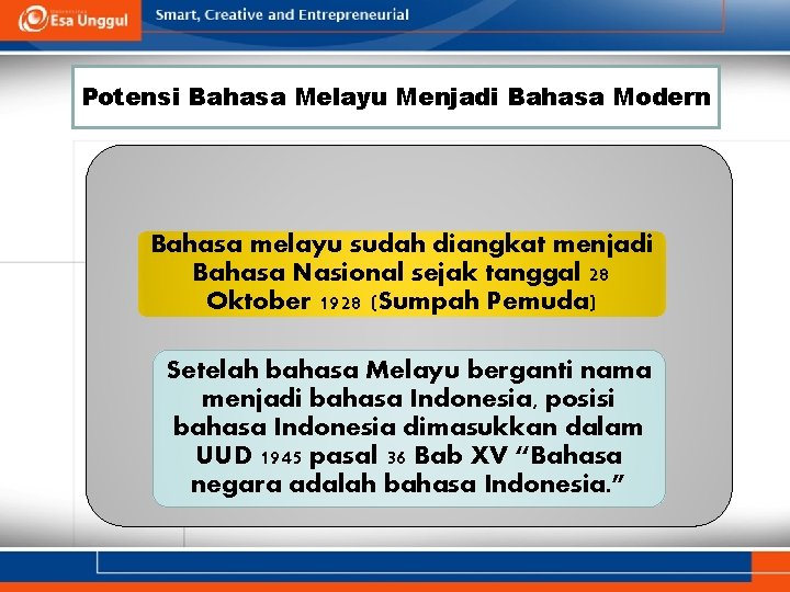 Potensi Bahasa Melayu Menjadi Bahasa Modern Bahasa melayu sudah diangkat menjadi Bahasa Nasional sejak